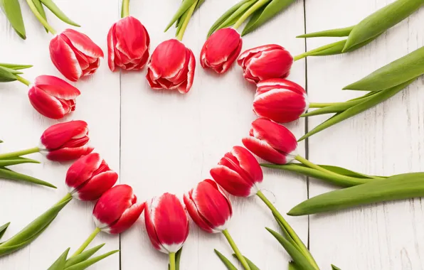 Картинка цветы, сердце, тюльпаны, red, love, heart, wood, romantic