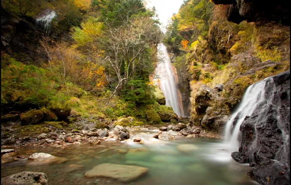 Осень, деревья, скалы, водопад, Япония, Нагано