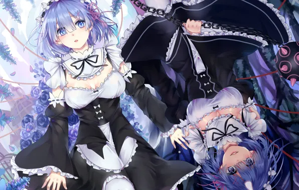 Девушка, синий, демон, anime, art, rem, re zero kara hajimeru isekai seikatsu