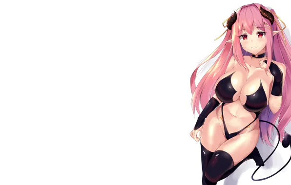 Girl, sexy, cleavage, thighhighs, pink hair, horns, long hair, boobs