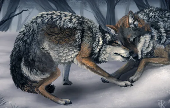 Картинка зима, животные, деревья, игры, арт, волки, дикие