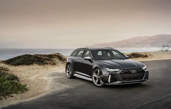 Обои Audi, универсал, RS 6, 2020, 2019, тёмно-серый, у берега, V8 Twin ...