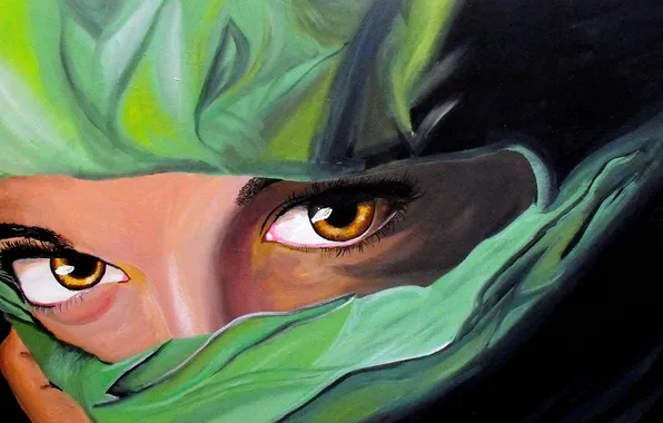 Глаза, девушка, зеленый, ресницы, живопись, платок
