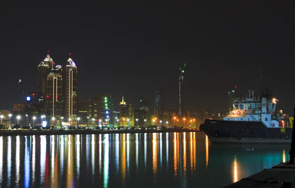 Картинка ночь, здания, фонари, набережная, night, Abu Dhabi, ОАЭ, Абу-Даби
