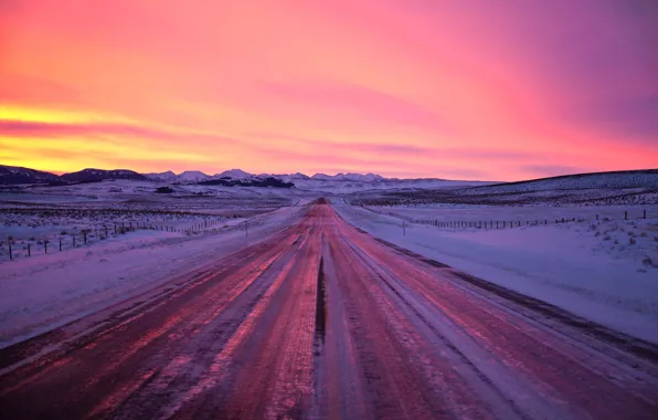 Road, winter, mountains, snow, morning, hills, sunrise, dawn