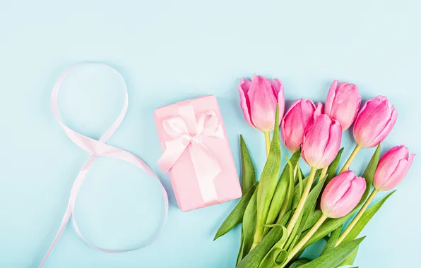 Цветы, цифра, тюльпаны, happy, 8 марта, pink, flowers, tulips