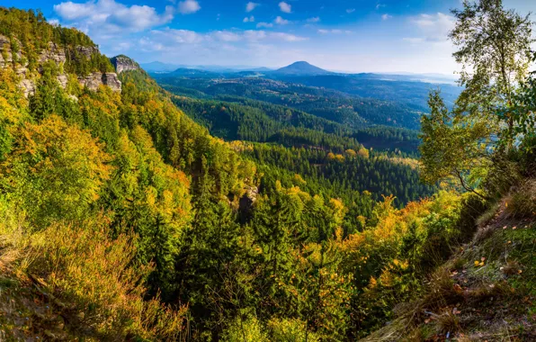 Осень, лес, небо, солнце, облака, деревья, горы, камни