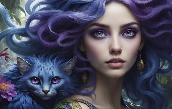 Кошка, кот, взгляд, девушка, синий, фантазия, портрет, друзья