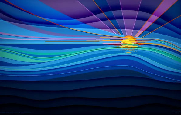 Картинка море, небо, солнце, лучи, линии