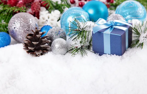 Картинка шарики, снег, подарок, шары, Рождество, Новый год, шишка