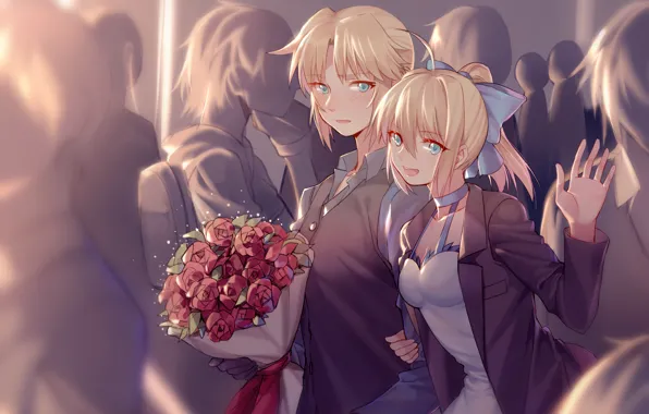 Розы, букет, аниме, арт, двое, saber, fate/stay night, fate/apocrypha