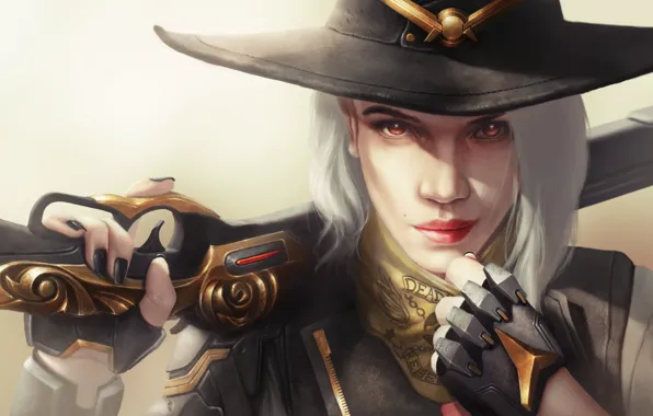 Взгляд, девушка, шляпа, ружье, ashe, overwatch, Calamity, Elizabeth Caledonia