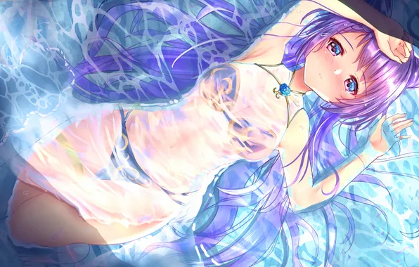 Girl, sexy, wet, long hair, dress, boobs, anime, water