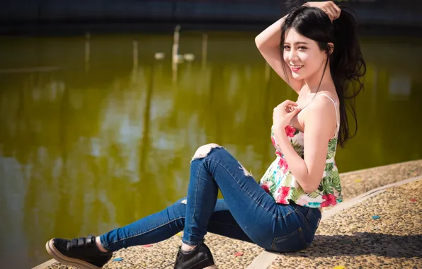 Лето, девушка, лицо, улыбка, река