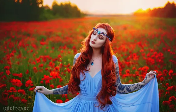 Девушка, цветы, природа, поза, стиль, маки, макияж, костюм