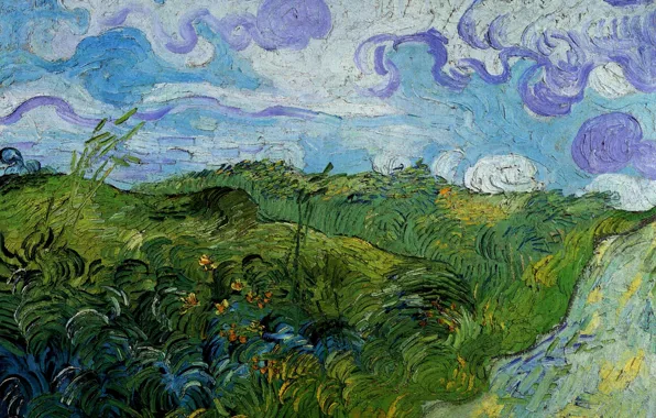 Картинка дорога, облака, Green, Vincent van Gogh, Wheat Fields