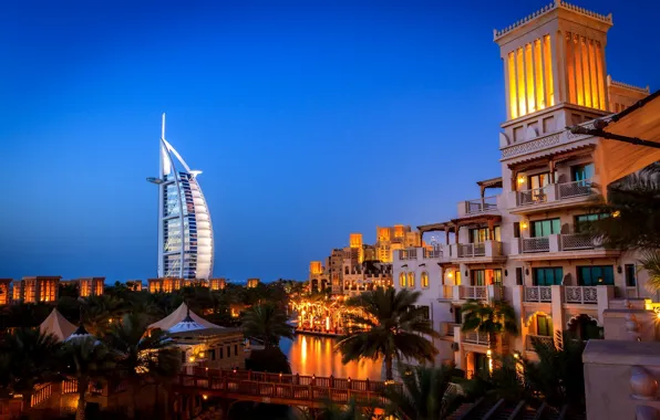 Картинка мост, город, пальмы, здания, вечер, Дубай, отель, Dubai
