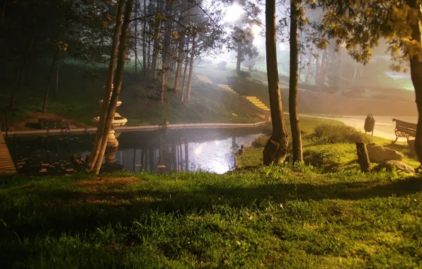 Картинка пейзаж, природа, пруд, парк