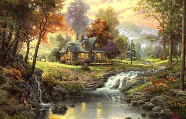 Осень, ручей, Пейзаж, Thomas Kinkade, домик в лесу