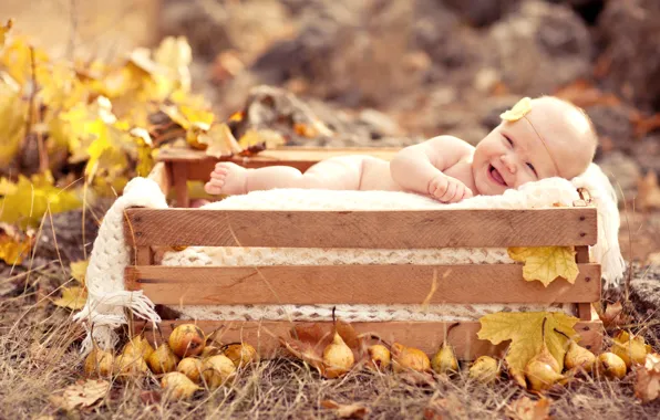 Осень, листья, дети, улыбка, ребенок, смех, малыш, груши