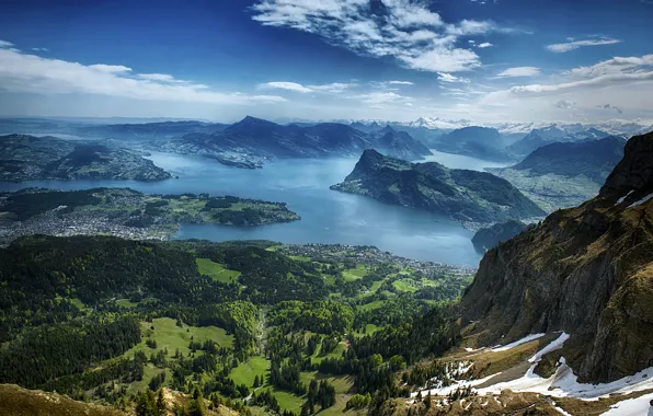 Горы, озеро, панорама, вид сверху, Щвейцария, Lake Lucerne