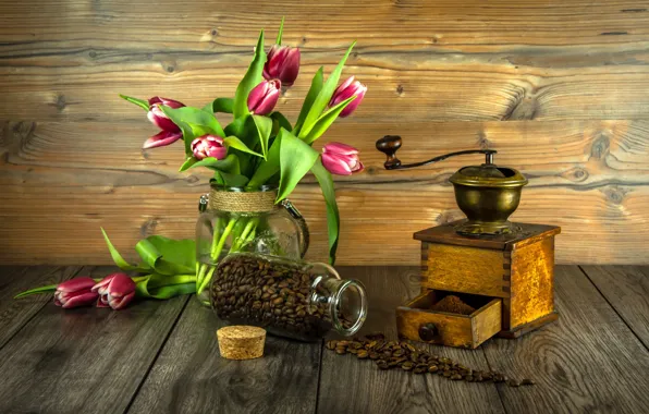 Картинка цветы, букет, тюльпаны, wood, кофейные зёрна, flowers, tulips, coffee