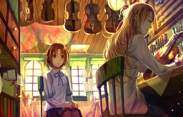 Девушка, скрипка, парень, Art, anime, симпатия, хобби, ремесло
