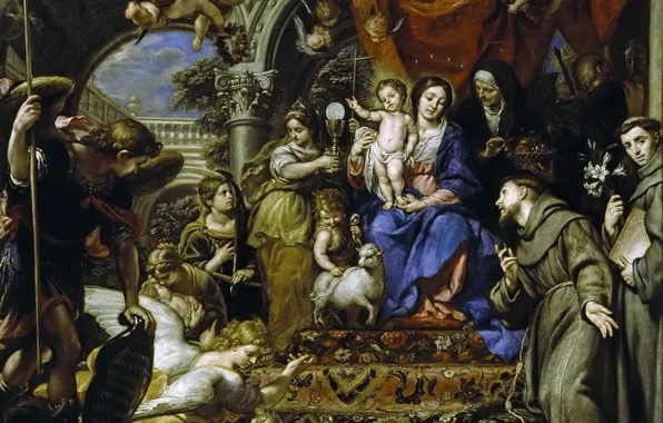 Картинка картина, религия, мифология, Окруженная Христианскими Добродетелями и Святыми, Мадонна с Младенцем, Claudio Coello