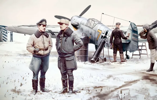 Рисунок, арт, аэродром, Ме-109, люфтваффе, обслуживающий персонал, одномоторный поршневой истребитель-низкоплан, Фридрих