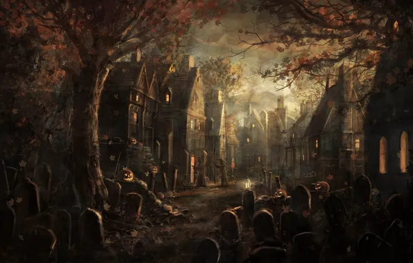 Картинка листья, деревья, могилы, деревня, тыквы, плиты, клен, halloween
