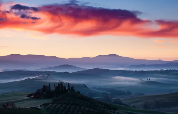 Картинка пейзаж, рассвет, поля, Италия
