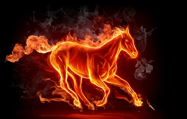 Темный фон, огонь, конь, дым