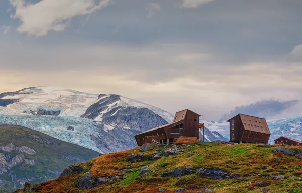 Горы, Норвегия, домики, Norway, Veitastrond