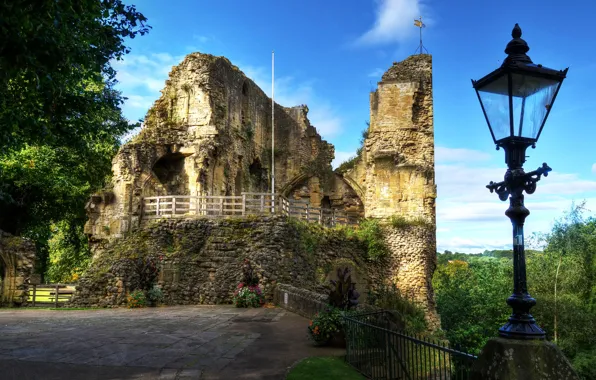 Небо, деревья, замок, развалины, фонарь, Великобритания, North Yorkshire, Knaresborough Castle