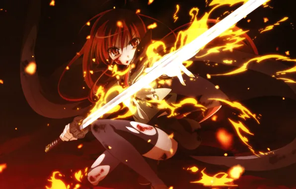 Картинка девушка, огонь, меч, аниме, арт, shakugan no shana, Shana