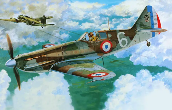 Самолет, истребитель, арт, ВВС, Франции, французский, WW2., одноместный