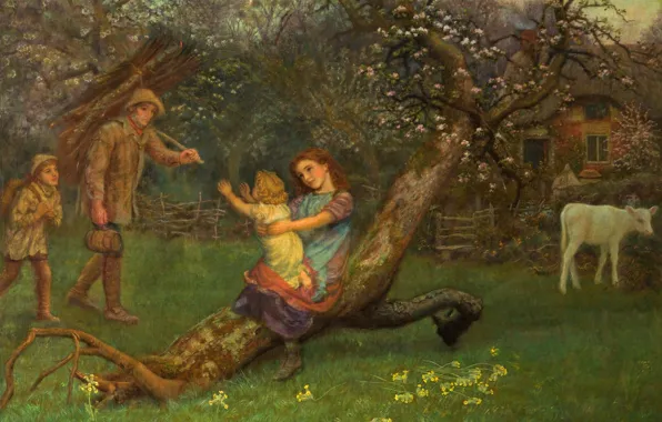 Картинка дерево, семья, телёнок, Артур Хьюз, Возвращение с работы