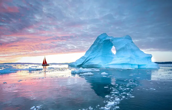 Лодка, айсберг, парус, Гренландия, Disko Bay