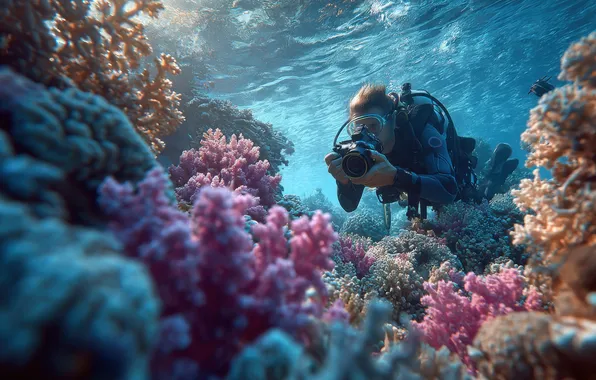 Море, океан, фотосъемка, человек, водолаз, кораллы, мужчина, подводный мир