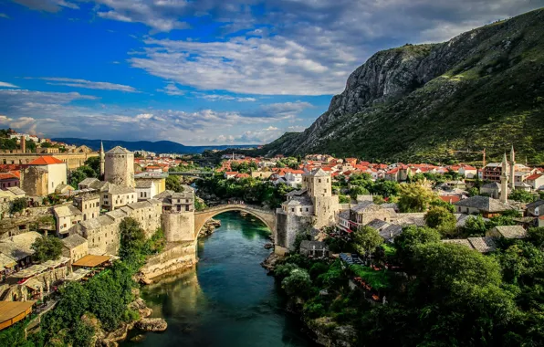 Картинка пейзаж, горы, панорама, Босния и Герцеговина, Bosna i Hercegovina, Mostar, река Неретва, Мостар