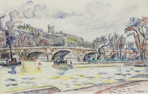 Мост, город, река, рисунок, акварель, Поль Синьяк, Пон-Нёф. Париж, Paul Signac