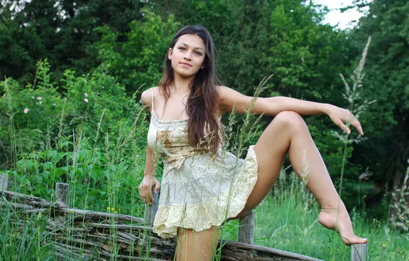 Grass, dress, beautiful, model, brunette, greenery, outdoor, Sofi A