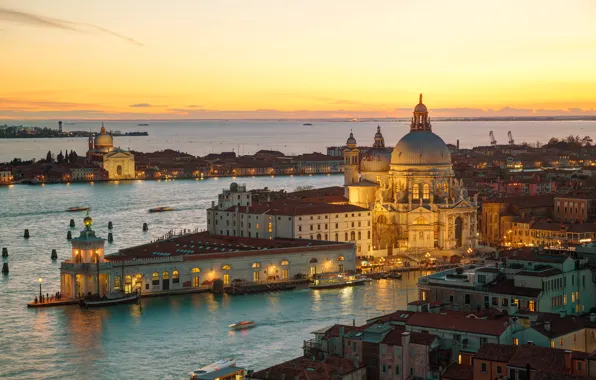 Картинка закат, city, город, Италия, Венеция, канал, cathedral, Italy