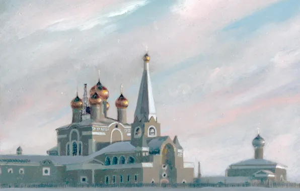 Картинка Зима, церковь, храм, Айбек Бегалин, 2001г, Пейзажи Караганды