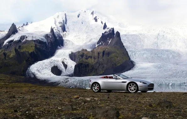 Картинка снег, горы, Aston Martin, Roadster, Vantage, ледник, суперкар, родстер