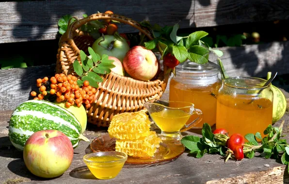 Лето, яблоки, соты, мед, шиповник, тыква, фрукты, овощи