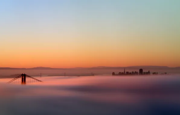 Картинка пейзаж, закат, мост, туман