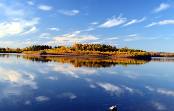 Картинка осень, небо, вода, облака, пейзаж, отражение, голубое, Река