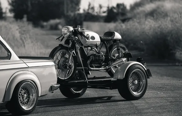 Чёрно-белое, мотоцикл, прицеп, BMW R75/6, R75