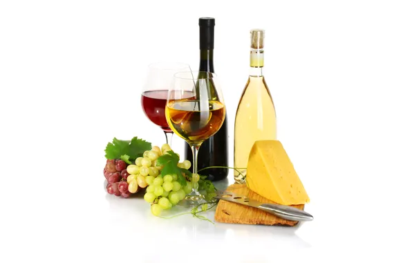 Картинка вино, красное, белое, сыр, бокалы, виноград, бутылки